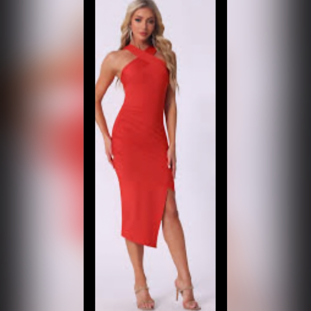 Nwt Allegra K Red Cross-Neck Sleeve Midi Dress with Side Slit